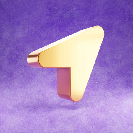 Location arrow icon. Gold glossy Location arrow symbol isolated on violet velvet background. Modern icon for website, social media, presentation, design template element. 3D render.の写真素材