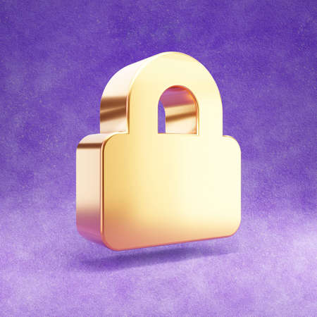 Lock closed icon. Gold glossy locked symbol isolated on violet velvet background. Modern icon for website, social media, presentation, design template element. 3D render.の写真素材