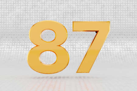 Yellow 3d number 87. Glossy yellow metallic number on metal floor background. 3d rendered font...