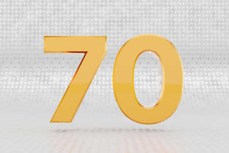 Yellow 3d number 70. Glossy yellow metallic number on metal floor background. 3d rendered font...