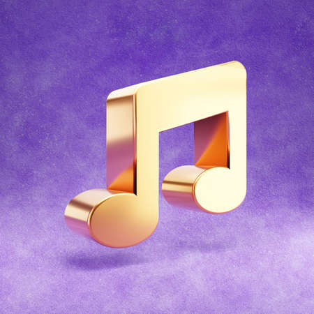 Music note icon. Gold glossy note symbol isolated on violet velvet background.の写真素材