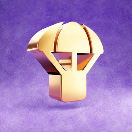 Parachute box icon. Gold glossy airdrop symbol isolated on violet velvet background.