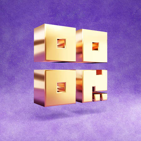QR code icon. Gold glossy QR code symbol isolated on violet velvet background.