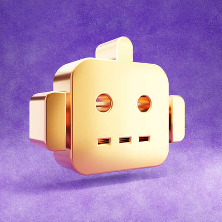 Robot icon. Gold glossy Robot symbol isolated on violet velvet background.の写真素材