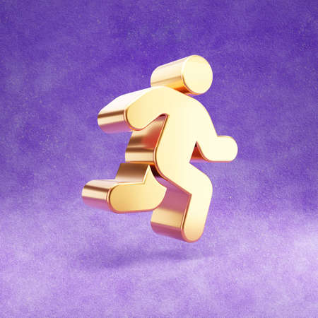 Run icon. Gold glossy Run symbol isolated on violet velvet background.の写真素材
