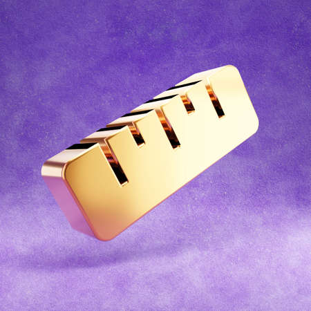 Ruler icon. Gold glossy Ruler symbol isolated on violet velvet background.の写真素材