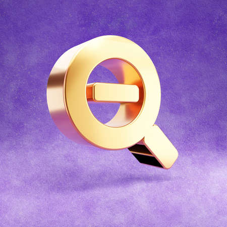 Zoom out icon. Gold glossy Zoom out symbol isolated on violet velvet background.の写真素材