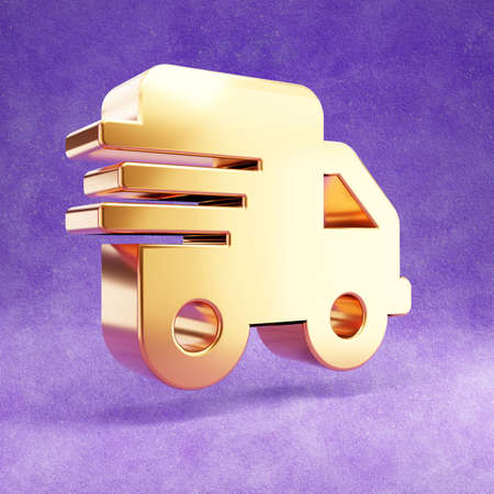 Fast shipping icon. Gold glossy Fast shipping symbol isolated on violet velvet background.の写真素材