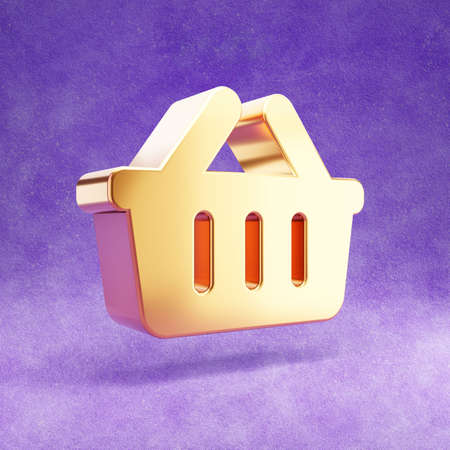 Shopping basket icon. Gold glossy Shopping basket symbol isolated on violet velvet background.の写真素材