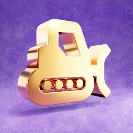 Snowplow icon. Gold glossy Snowplow symbol isolated on violet velvet background.