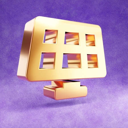 Solar panel icon. Gold glossy Solar panel symbol isolated on violet velvet background.の写真素材