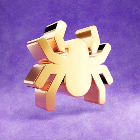 Spider icon. Gold glossy Spider symbol isolated on violet velvet background.の写真素材
