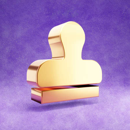 Stamp icon. Gold glossy Stamp symbol isolated on violet velvet background.