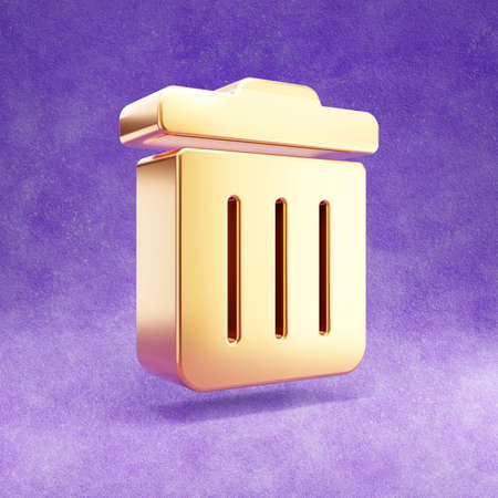 Trash bin icon. Gold glossy Trash bin symbol isolated on violet velvet background.の写真素材