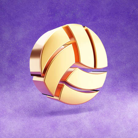 Volleyball icon. Gold glossy Volleyball symbol isolated on violet velvet background.