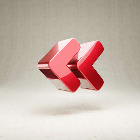 Angle Double Left icon. Red glossy metallic Angle Double Left symbol isolated on white concrete background.の写真素材