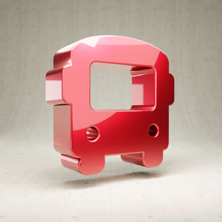 Bus icon. Red glossy metallic Bus symbol isolated on white concrete background.