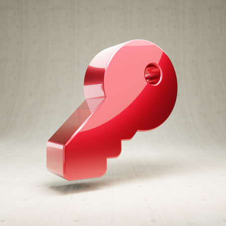 Key icon. Red glossy metallic Key symbol isolated on white concrete background.の写真素材