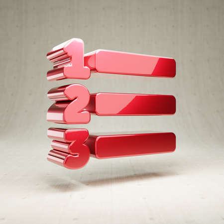 Ordered List icon. Red glossy metallic Ordered List symbol isolated on white concrete background.