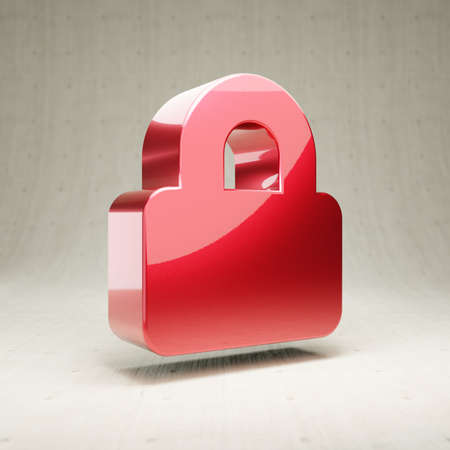 Lock icon. Red glossy metallic Lock symbol isolated on white concrete background.