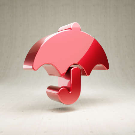 Umbrella icon. Red glossy metallic Umbrella symbol isolated on white concrete background.の写真素材