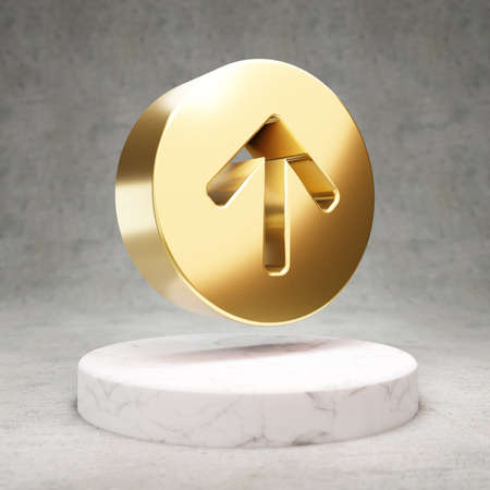 Arrow Circle Up icon. Gold glossy Arrow Circle Up symbol on white marble podium. Modern icon for website, social media, presentation, design template element. 3D render.の写真素材
