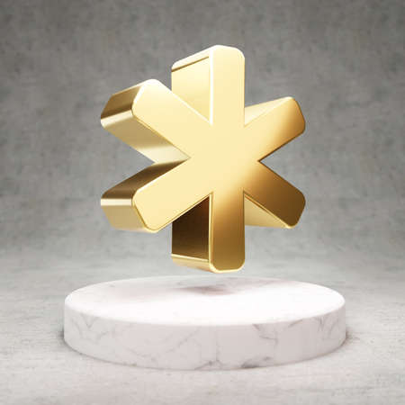 Asterisk icon. Gold glossy Asterisk symbol on white marble podium. Modern icon for website, social media, presentation, design template element. 3D render.の写真素材