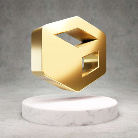 Cube icon. Gold glossy Cube symbol on white marble podium. Modern icon for website, social media,...