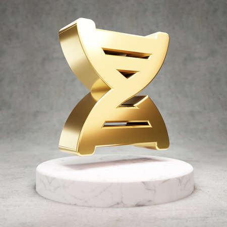 DNA icon. Gold glossy DNA symbol on white marble podium. Modern icon for website, social media,...