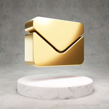 Envelope icon. Gold glossy Envelope symbol on white marble podium. Modern icon for website, social media, presentation, design template element. 3D render.の写真素材