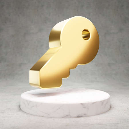 Key icon. Gold glossy Key symbol on white marble podium. Modern icon for website, social media, presentation, design template element. 3D render.の写真素材