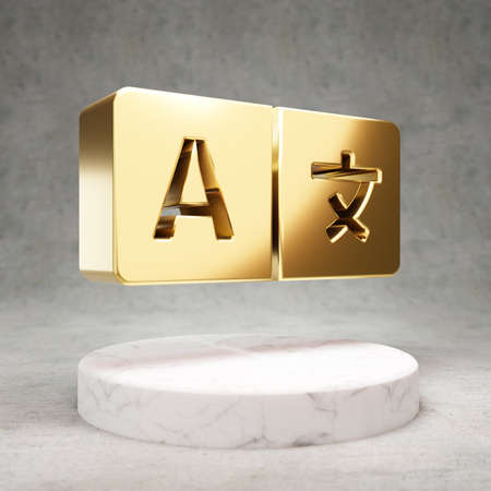 Language icon. Gold glossy Language symbol on white marble podium. Modern icon for website, social...