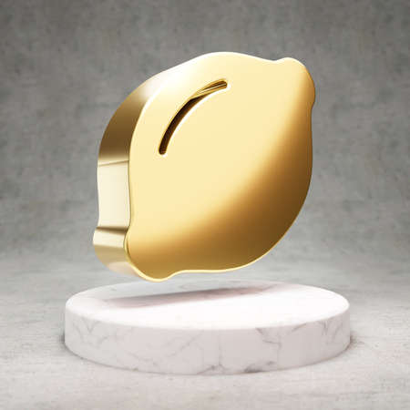 Lemon icon. Gold glossy Lemon symbol on white marble podium. Modern icon for website, social media,...
