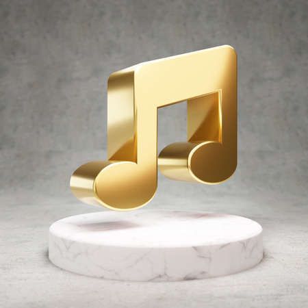 Music icon. Gold glossy Music symbol on white marble podium. Modern icon for website, social media, presentation, design template element. 3D render.の写真素材