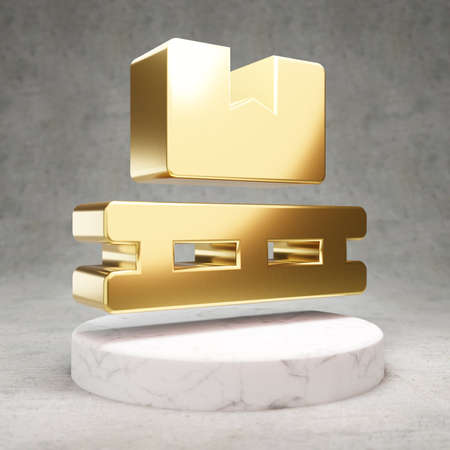 Pallet icon. Gold glossy Pallet symbol on white marble podium. Modern icon for website, social media, presentation, design template element. 3D render.の写真素材