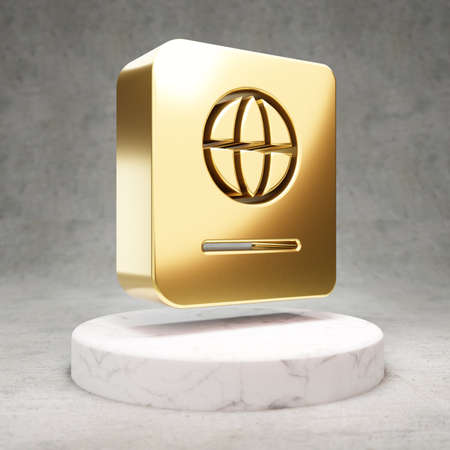 Passport icon. Gold glossy Passport symbol on white marble podium. Modern icon for website, social...
