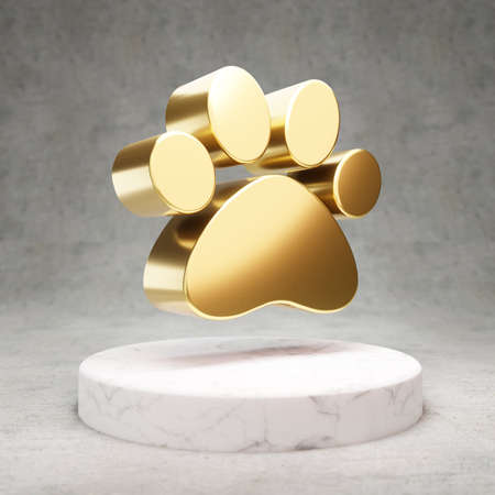 Paw icon. Gold glossy Paw symbol on white marble podium. Modern icon for website, social media, presentation, design template element. 3D render.の写真素材