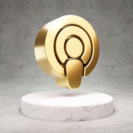 Podcast icon. Gold glossy Podcast symbol on white marble podium. Modern icon for website, social media, presentation, design template element. 3D render.の写真素材