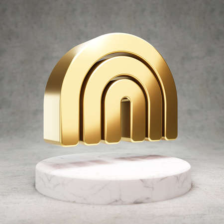 Rainbow icon. Gold glossy Rainbow symbol on white marble podium. Modern icon for website, social media, presentation, design template element. 3D render.の写真素材
