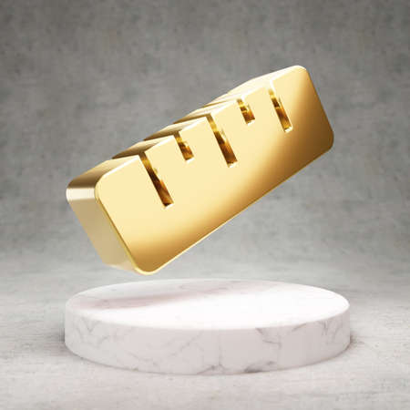 Ruler icon. Gold glossy Ruler symbol on white marble podium. Modern icon for website, social media, presentation, design template element. 3D render.の写真素材