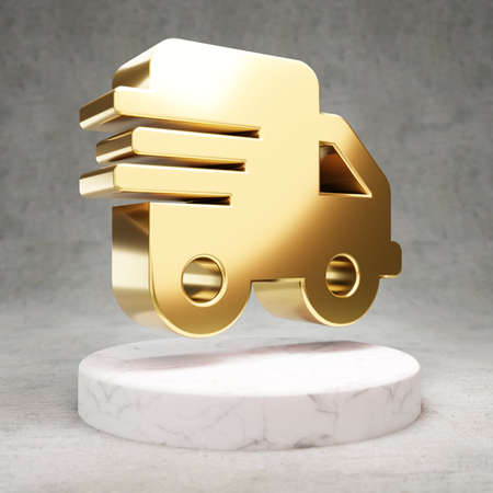 Fast Shipping icon. Gold glossy Fast Shipping symbol on white marble podium. Modern icon for website, social media, presentation, design template element. 3D render.の写真素材