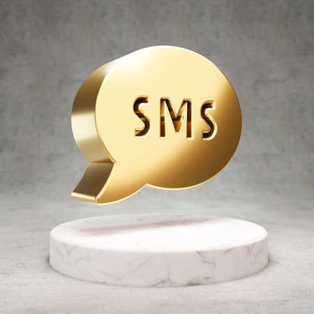 SMS icon. Gold glossy SMS symbol on white marble podium. Modern icon for website, social media, presentation, design template element. 3D render.の写真素材