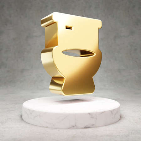 Toilet icon. Gold glossy Toilet symbol on white marble podium. Modern icon for website, social media, presentation, design template element. 3D render.の写真素材