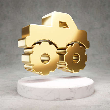 Monster Truck icon. Gold glossy Monster Truck symbol on white marble podium. Modern icon for...