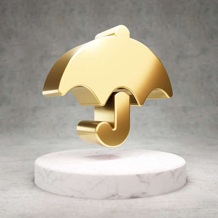 Umbrella icon. Gold glossy Umbrella symbol on white marble podium. Modern icon for website, social media, presentation, design template element. 3D render.の写真素材