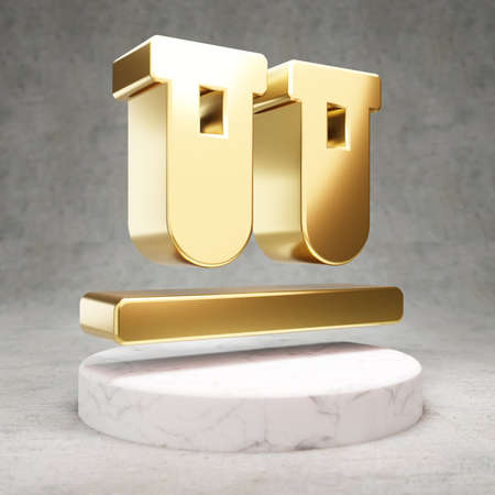 Vials icon. Gold glossy University symbol on white marble podium. Modern icon for website, social media, presentation, design template element. 3D render.の写真素材