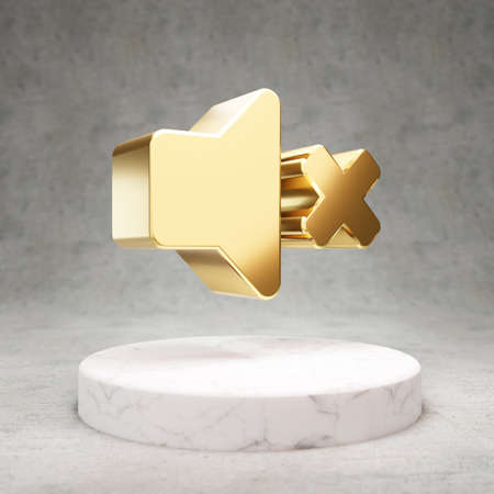 Mute Volume icon. Gold glossy University symbol on white marble podium. Modern icon for website, social media, presentation, design template element. 3D render.の写真素材