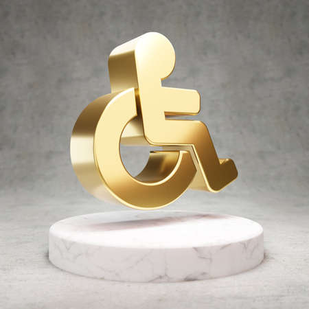 Wheelchair icon. Gold glossy University symbol on white marble podium. Modern icon for website, social media, presentation, design template element. 3D render.の写真素材