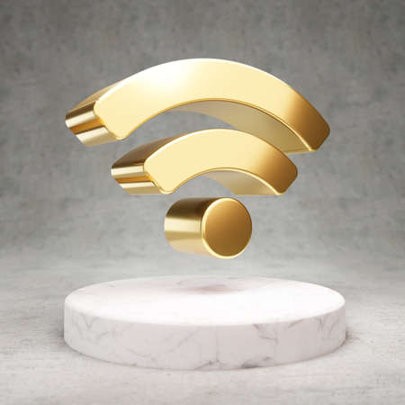 Gold glossy University symbol on white marble podium. Modern icon for website, social media, presentation, design template element. 3D render.の写真素材