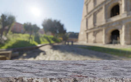 Table Top with ancient city background. Historical place mockup for product display